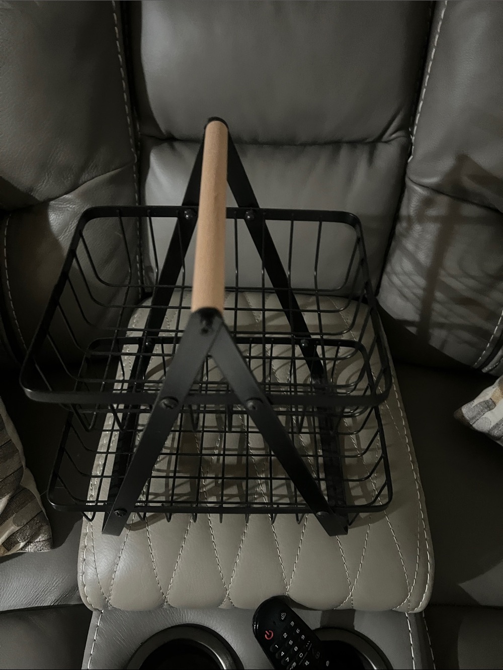Two-Tier Black Wire Basket with Wood Handle
